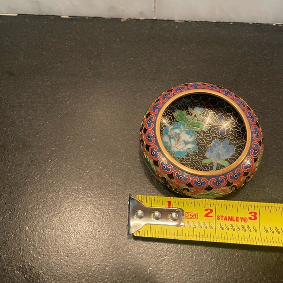 Teal Enamel and Brass Floral CLOISONNE Bowl trinket dish Made in India 3” - Picture 5 of 5